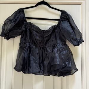 Mable Organza Black Off Shoulder Mesh Puff Sleeves Lined Witchy Goth Halloween M